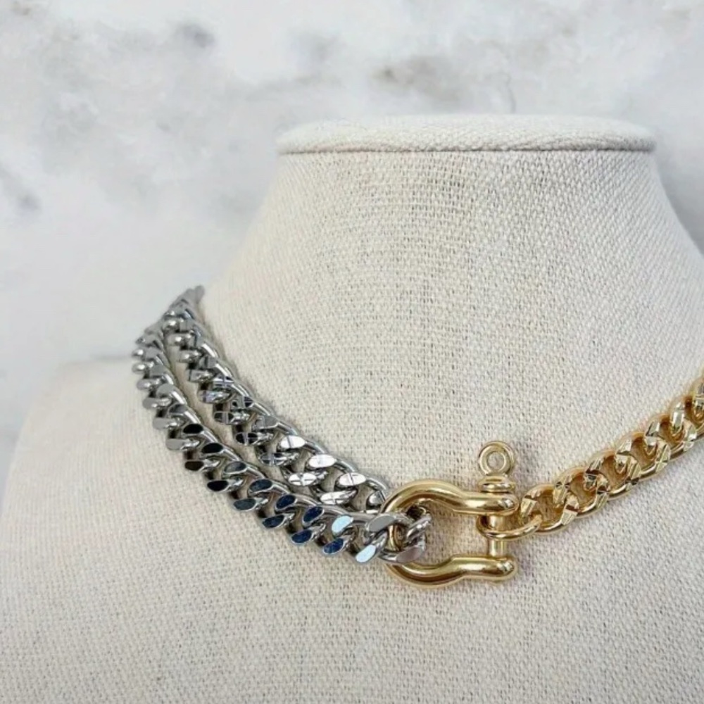 Horse Shoe Dbl Silver & Gold Chain Choker Necklace